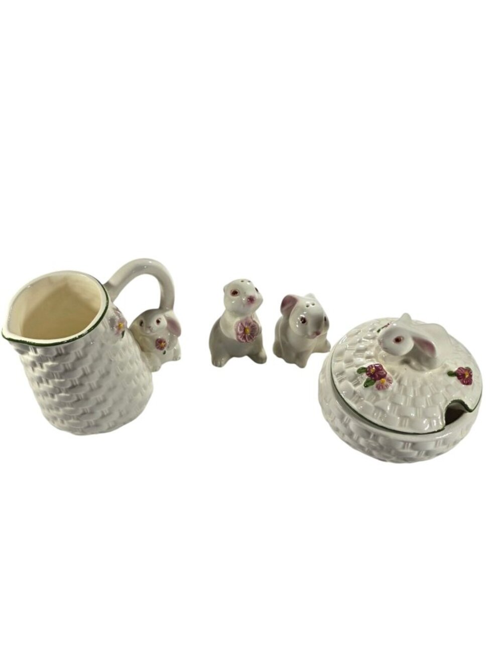Rabbit Ceramic Creamer Sugar Bowl Salt Pepper Shakers avon bunny mates Easter